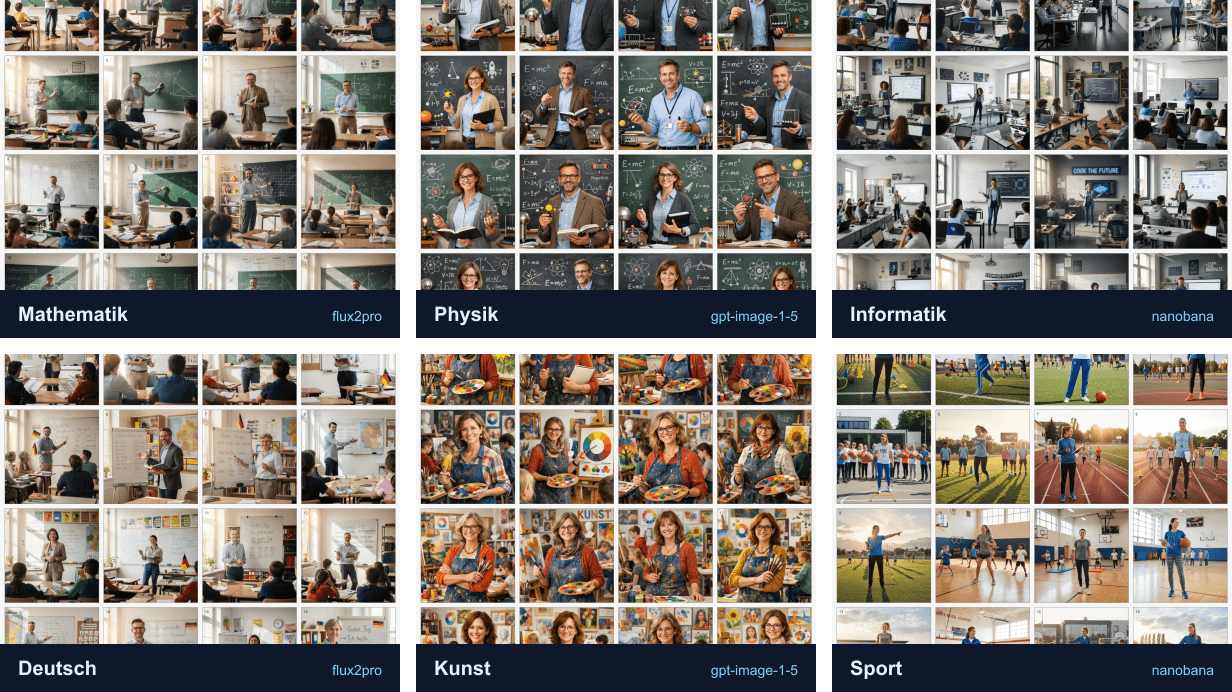 Farbige Collage aus KI:Blick-Bildserien zu Lehrpersonen in verschiedenen Fächern