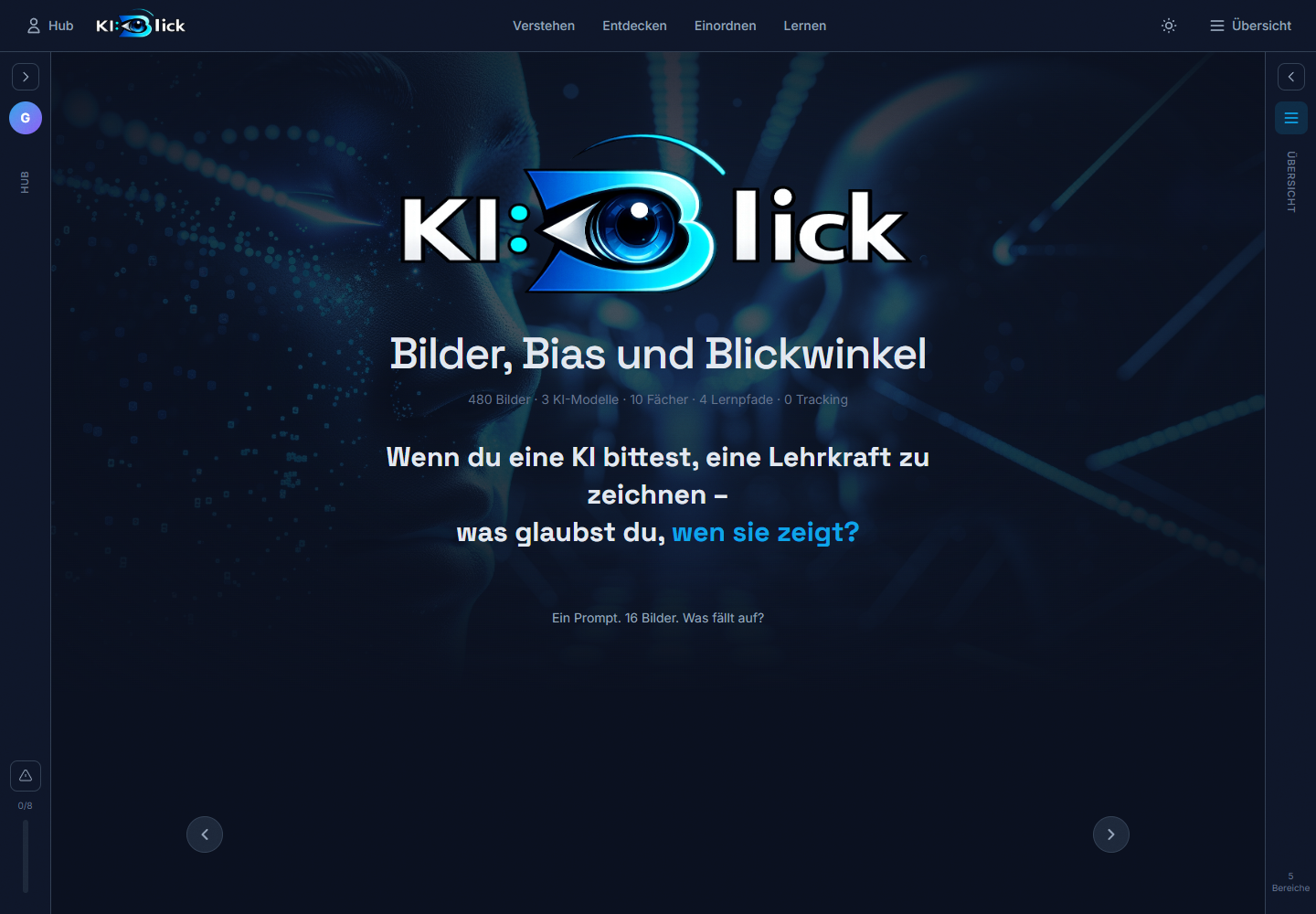 Screenshot der KI:Blick-Startseite mit Logo und Einstieg in die Lernumgebung