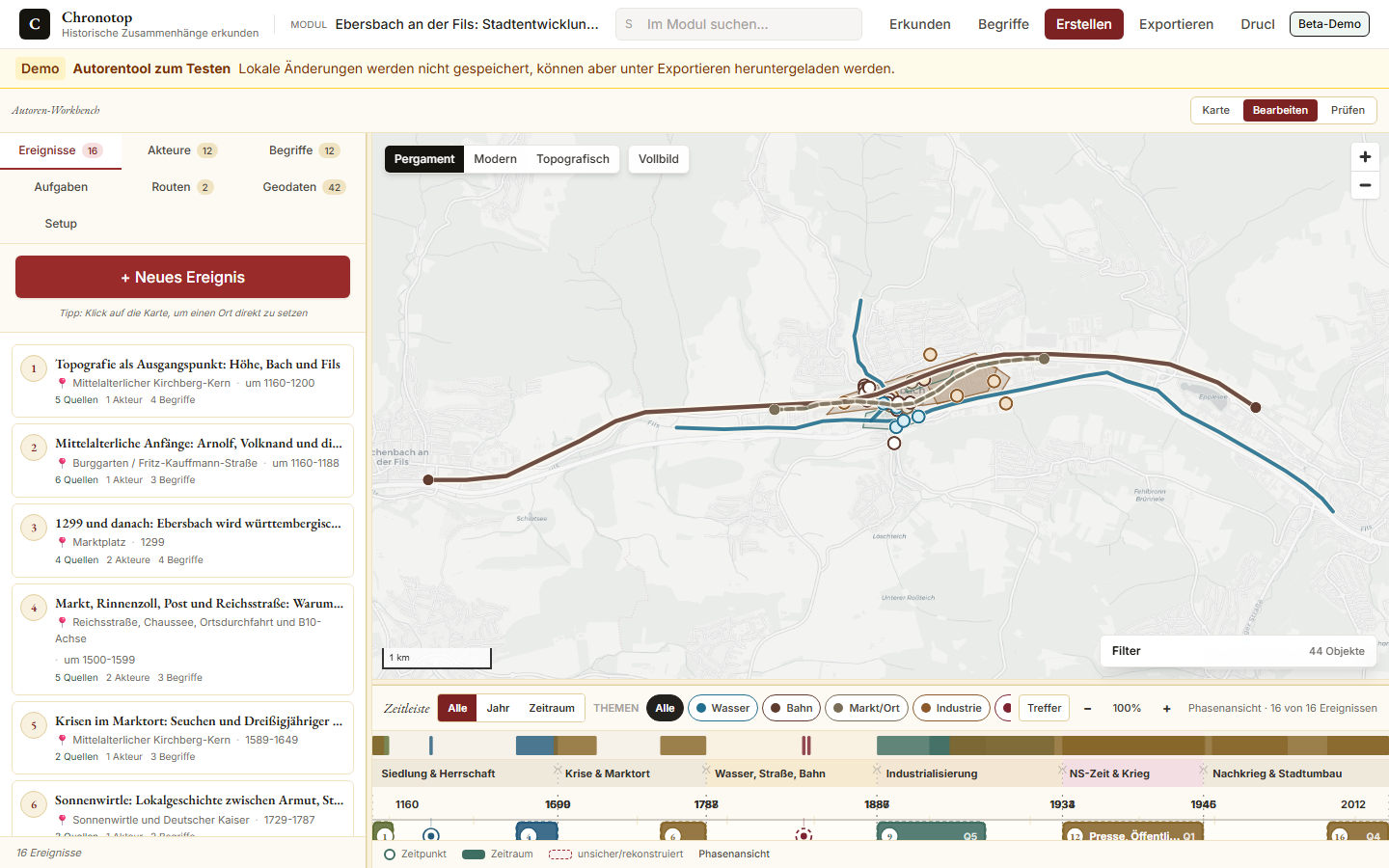 Screenshot des Chronotop-Autorentools mit Ereignisliste, Karte und Demo-Hinweis