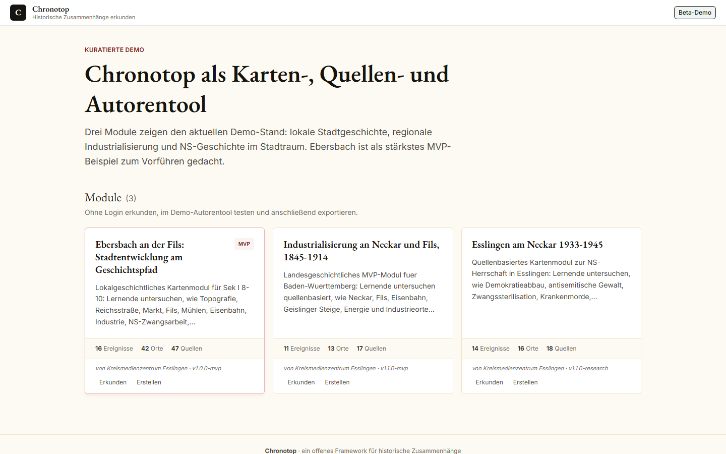 Screenshot der Chronotop-Startseite mit drei Demo-Modulen