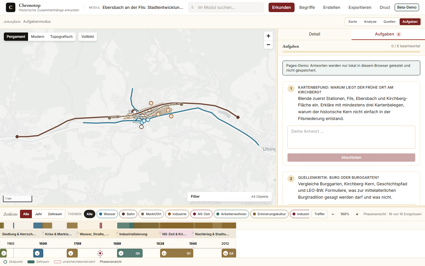 Screenshot der Chronotop-Lernendenansicht mit Karte, Detailbereich, Aufgaben und Zeitleiste am Beispiel Ebersbach an der Fils