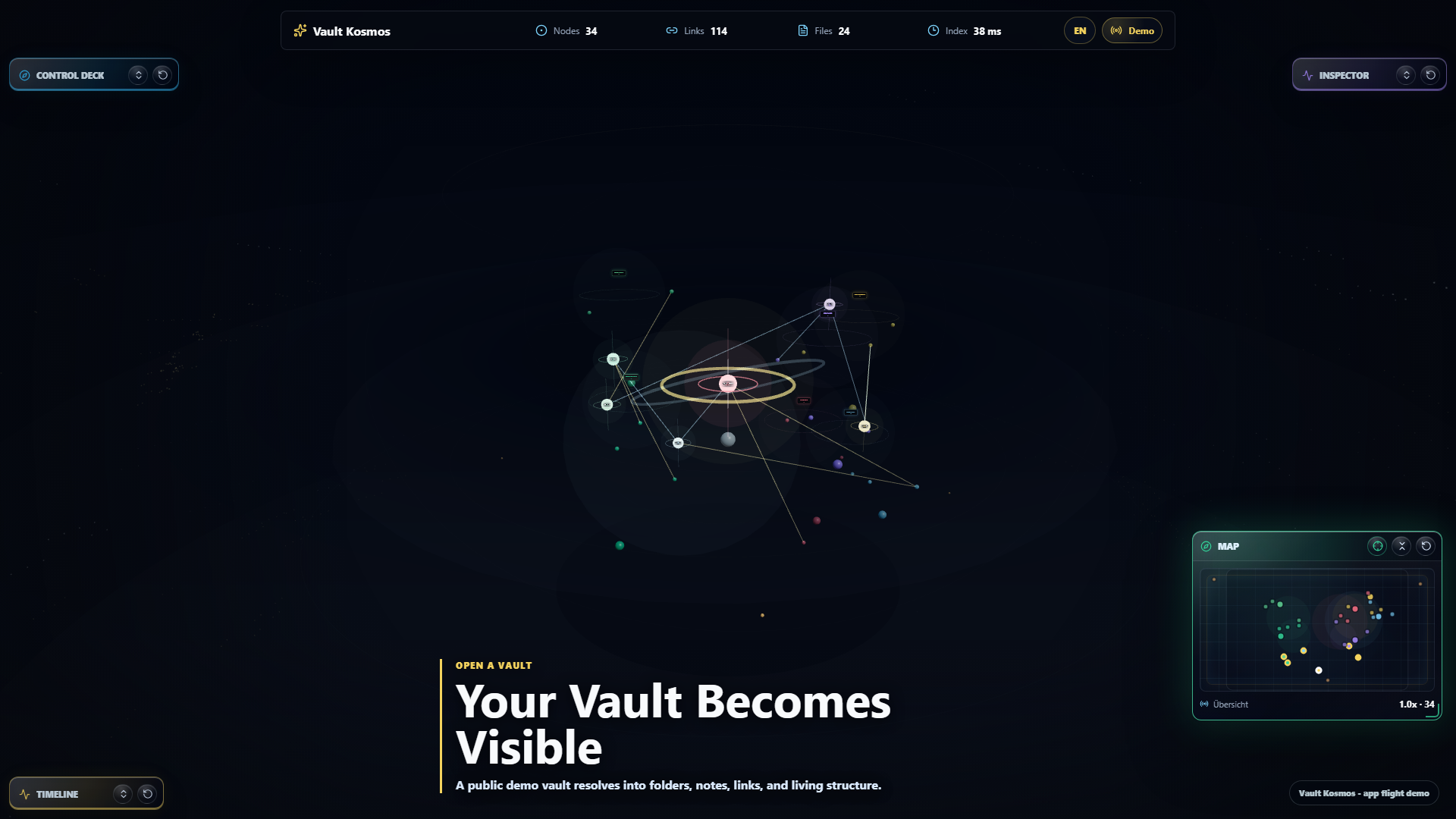 Vault Kosmos zeigt einen Markdown-Vault als räumliche 3D-Konstellation mit Notizen und Verbindungen.