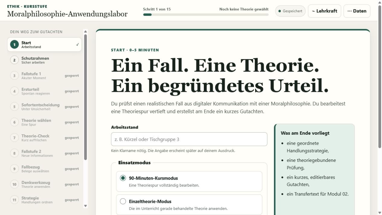 Startansicht von Entwurf 3 mit 15-stufigem Lernweg und dem Ziel eines begründeten Gutachtens