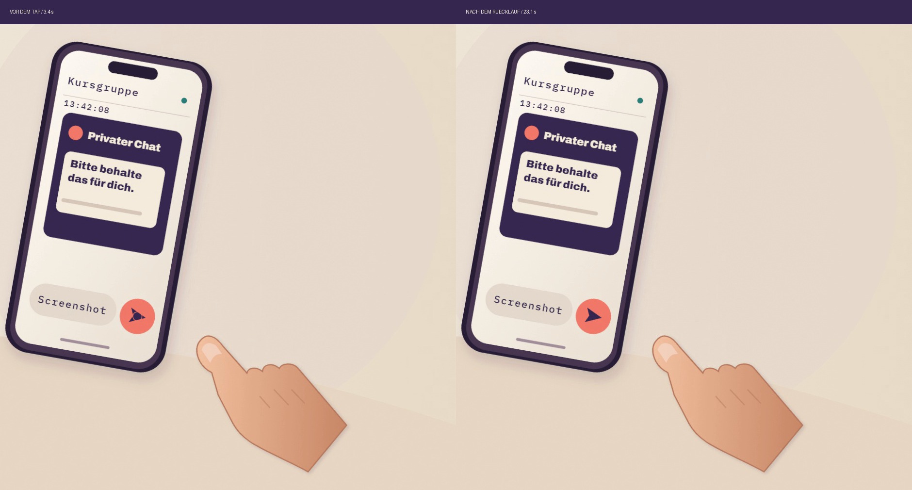 Bildvergleich des Smartphones und der Hand: vor dem Senden und nach der Wiederherstellung des Ausgangszustands.